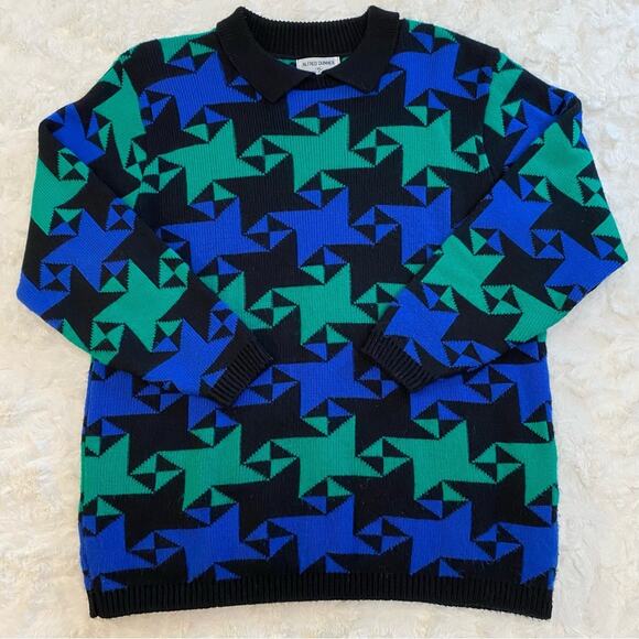 Vintage Alfred Dunner XL Chunky Collared Retro Blue Green Argyle Sweater - Picture 1 of 10
